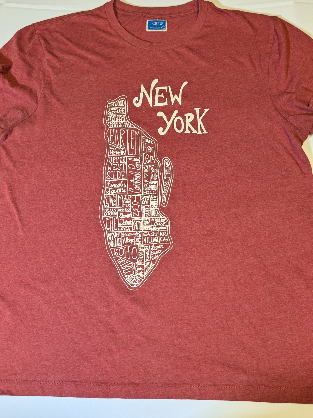 J. Crew Men's Burgundy Short Sleeve Tee with White New York Map Graphic